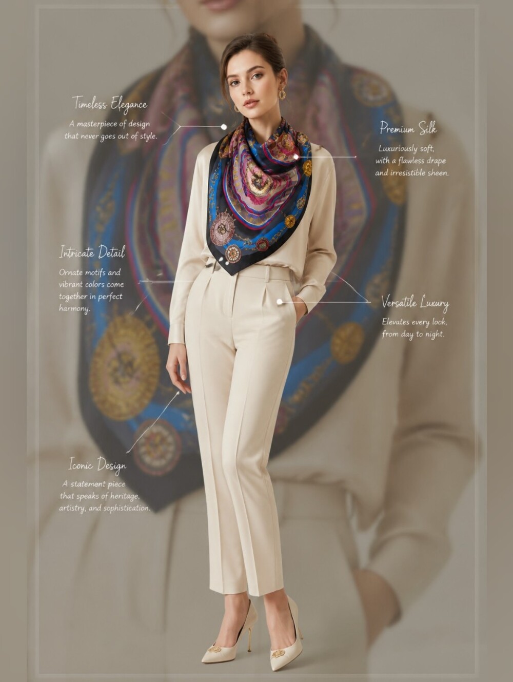 Hermes Multicolor Silk Scarf with Clockwork Motif